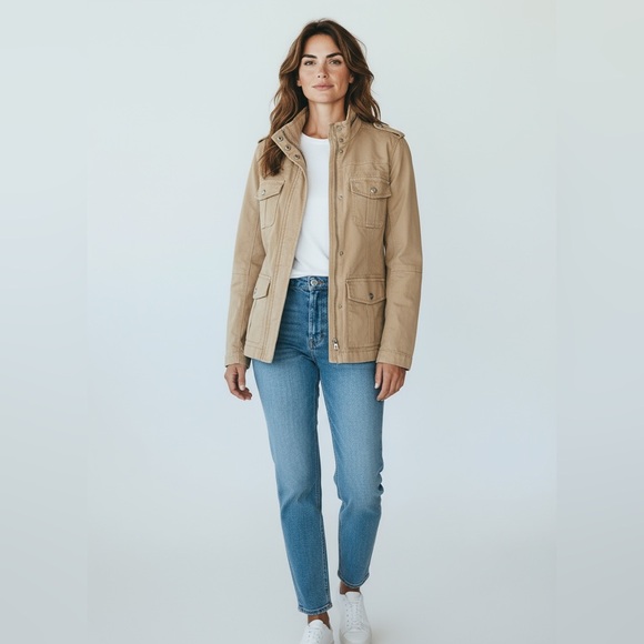 kenzie Jackets & Blazers - Kensie Women’s Jeans Jacket TAN Utility Military Pockets Size Large NEW NWT
